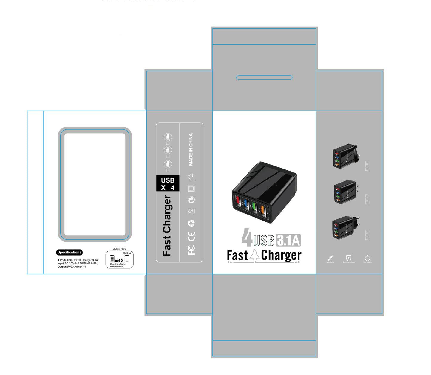 4 USB ports ( quick charge 3.0 and 3 USB port 5V/3.1 A Max )